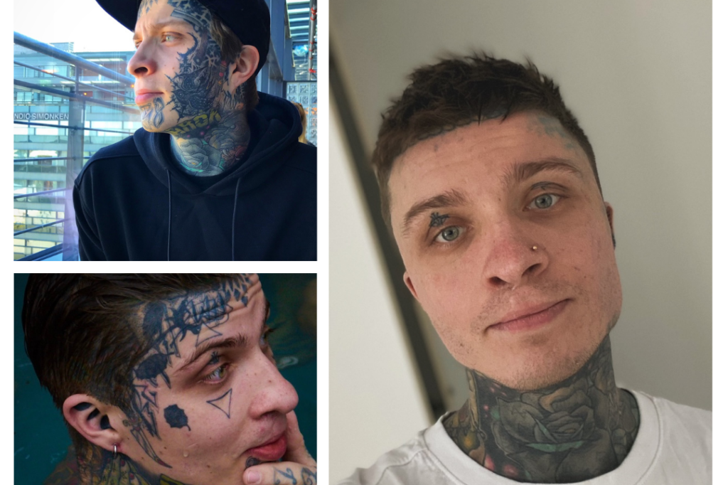 Kolmen kuvan kollaasi miehestä, jolta on poistettu kasvoista tatuointeja.