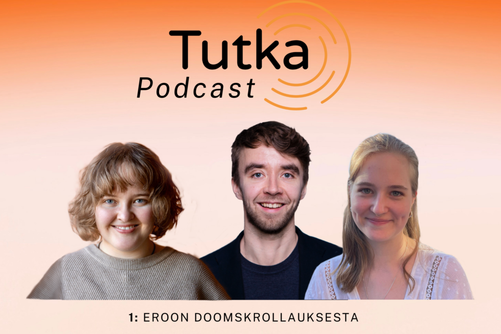 Kolme ihmistä puolikuvissa oranssia taustaa vasten. Logossa lukee Tutka Podcast.
