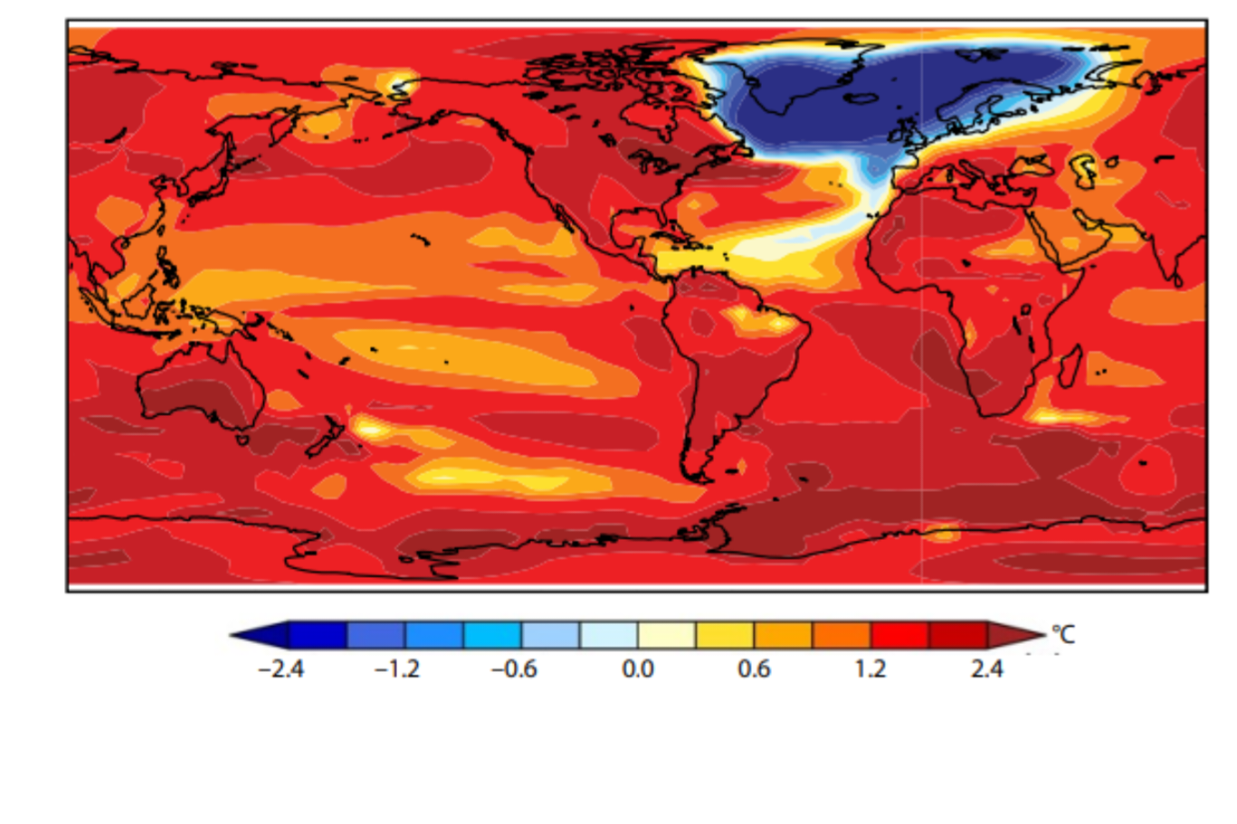 Ennuste AMOC-merivirran hidastumisen vaikutuksista. Lähde Science
