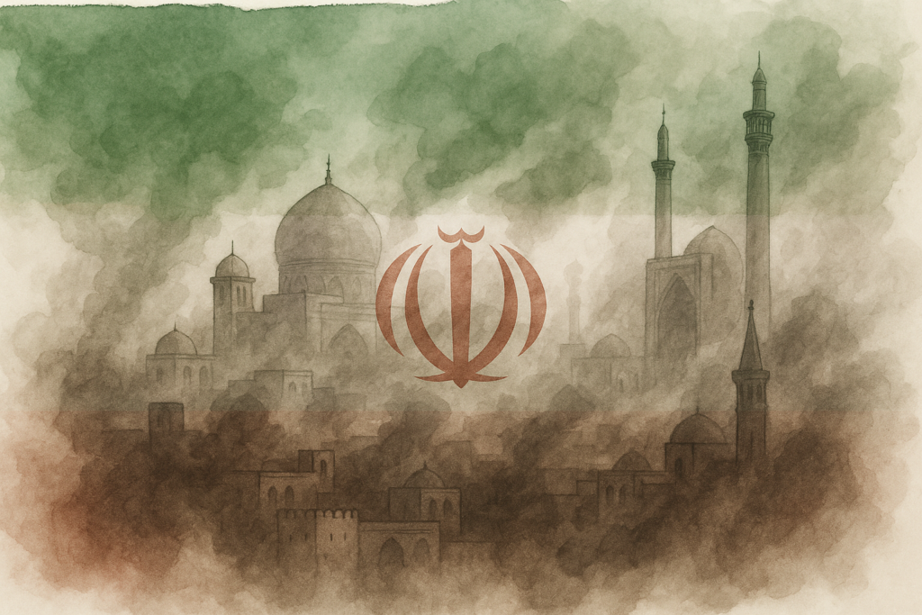 Tekoälyllä luotu kuva Iranista, jossa on läpinäkyvästi värjätty Iranin lipun väri päälle.